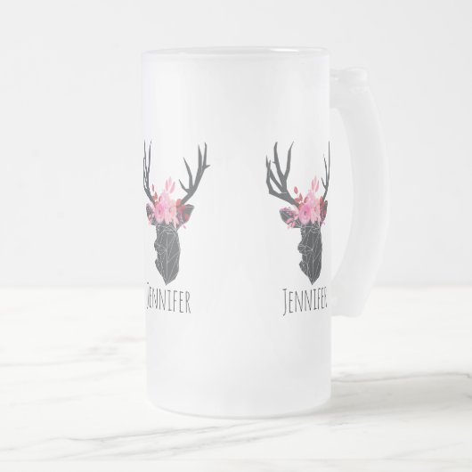 Geometrischer Hirschkopf mit Blumenkrone Mattglas Bierglas (VorderseiteRechts)