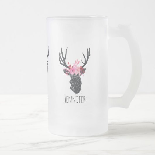 Geometrischer Hirschkopf mit Blumenkrone Mattglas Bierglas (Rechts)