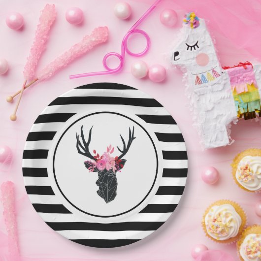 Geometrischer Hirschkopf mit Blumenkrone Pappteller (Party)