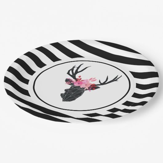 Geometrischer Hirschkopf mit Blumenkrone Pappteller (Schrägansicht)