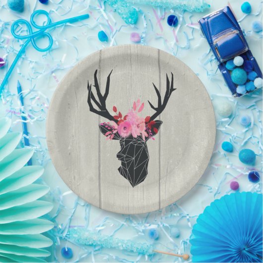 Geometrischer Hirschkopf mit Blumenkrone Pappteller (Party)