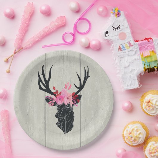 Geometrischer Hirschkopf mit Blumenkrone Pappteller (Party)