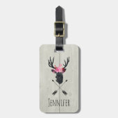 Geometrischer Hirschkopf mit Blumenkronen auf Fake Gepäckanhänger (Vorderseite vertikal)