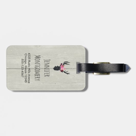 Geometrischer Hirschkopf mit Blumenkronen auf Fake Gepäckanhänger (Rückseite horizontal)