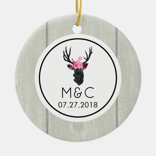 Geometrischer Hirschkopf mit Blumenkronen auf Fake Keramik Ornament (Vorne)