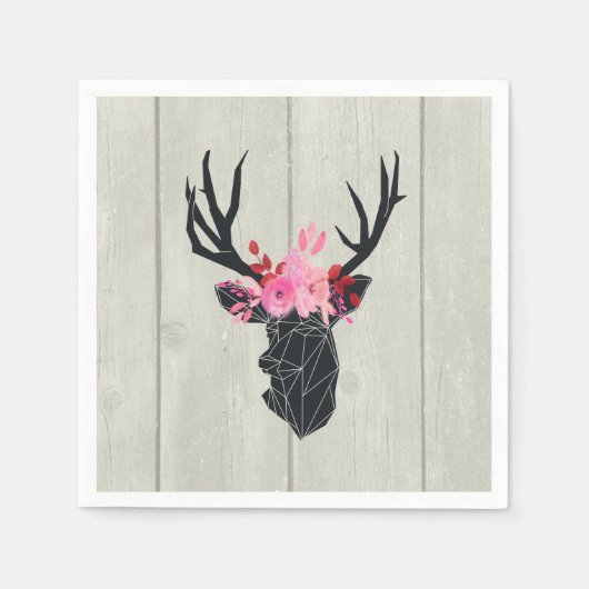 Geometrischer Hirschkopf mit Blumenkronen auf Fake Serviette (Vorderseite)