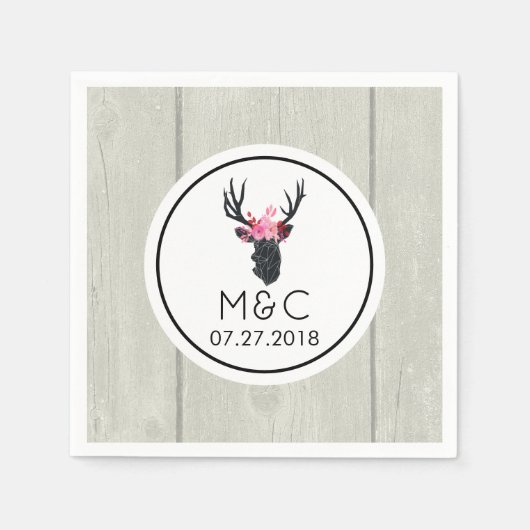 Geometrischer Hirschkopf mit Blumenkronen auf Fake Serviette (Vorderseite)