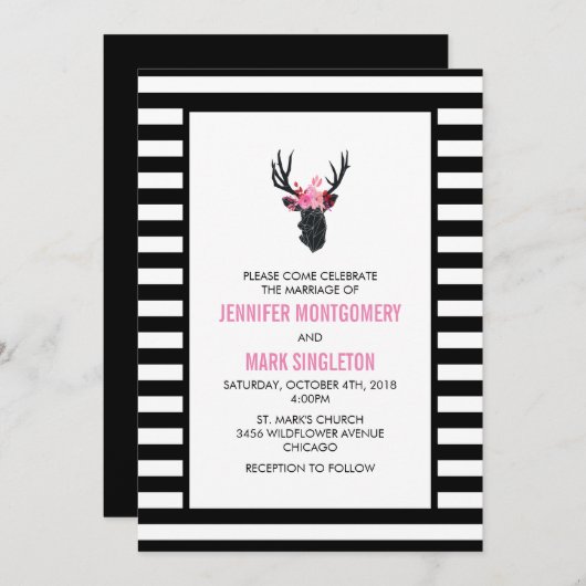 Geometrischer Hirschkopf mit Blumenkronenhochzeit Einladung (Vorne/Hinten)