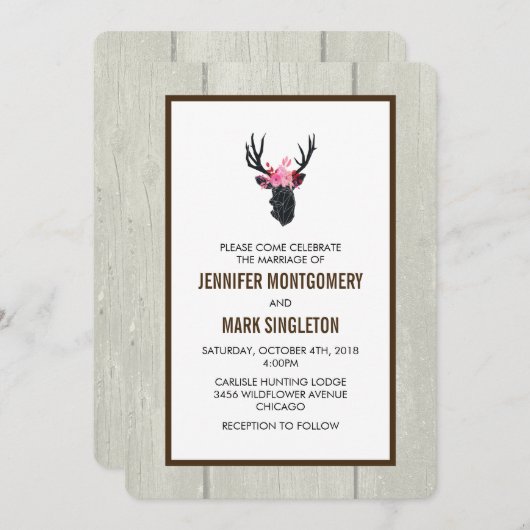 Geometrischer Hirschkopf mit floraler Krone Rustik Einladung (Vorne/Hinten)
