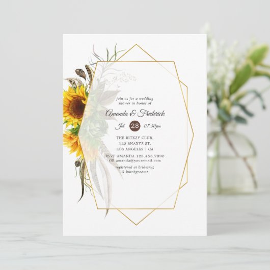 Geometrischer Polterabend für rustikale Sonnenblum Einladung (Stehend Vorderseite)