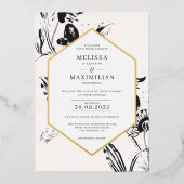 geometrischer Rahmen aus schwarzem und weißem Blüt Folieneinladung (Vorderseite)