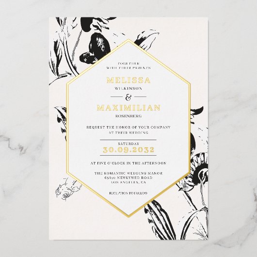 geometrischer Rahmen aus schwarzem und weißem Blüt Folieneinladung (Vorderseite)