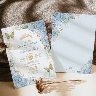 Geometrischer Rahmen für Blauer Golden Quinceñera Einladung