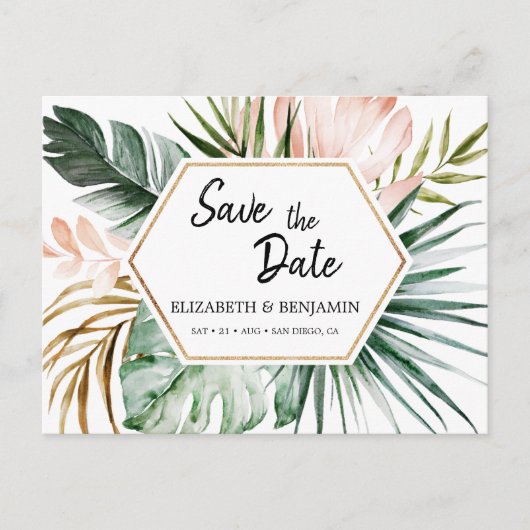 Geometrischer Rahmen für tropische Blätter Save th Postkarte (Vorderseite)