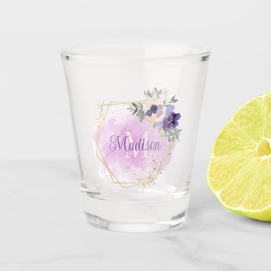 Geometrischer Rahmen - Lila und hellrosa Blume Schnapsglas (Vorderseite)