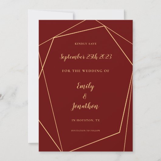 Geometrischer Rahmen Script Burgundy Gold Wedding Save The Date (Vorderseite)