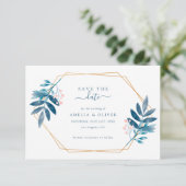 Geometrischer Rahmen Staubblau Grün Hochzeit Save The Date (Stehend Vorderseite)