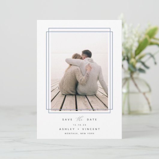Geometrischer Rahmen | Vertikales Foto Save The Date (Stehend Vorderseite)