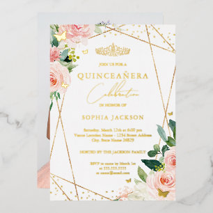 Geometrischer Rouge Gold Blumenfoto Quinceanera   Folieneinladung