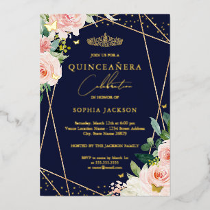 Geometrischer Rouge Navy Blumen-Foto-Quinceanera  Folieneinladung