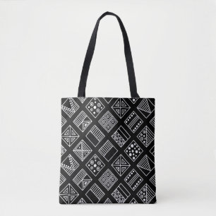 geometrischer Schwarz-Weiß-Hintergrund mit Hand d Tasche