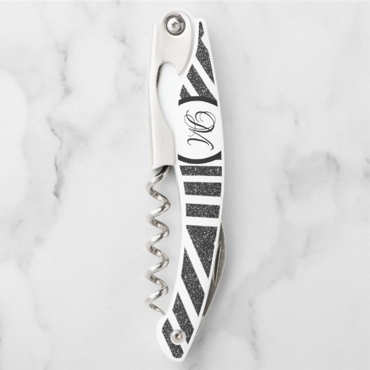 Geometrischer Schwarz-weißer Glitzer Kellnermesser (Vorderseite)