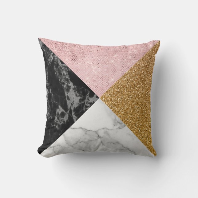 Geometrischer Schwarz-weißer Marmor- und rosafarbe Kissen (Vorderseite)