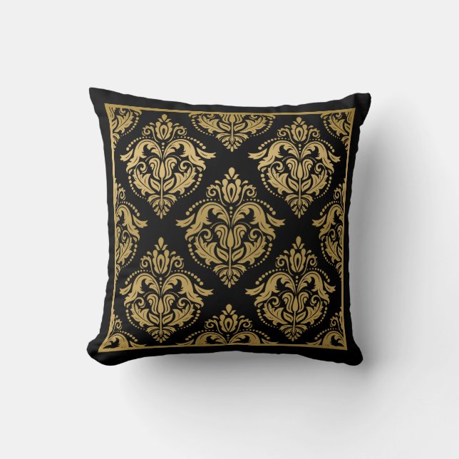 Geometrischer, schwarzer Damaselahmen Kissen (Vorderseite)