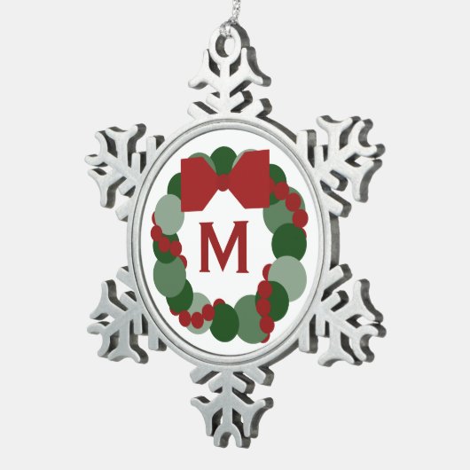 Geometrischer Weihnachtskranz mit Monogramm Schneeflocken Zinn-Ornament (Rechts)