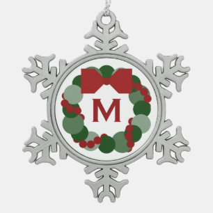 Geometrischer Weihnachtskranz mit Monogramm Schneeflocken Zinn-Ornament