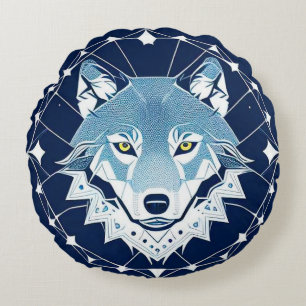 Geometrischer Wolf mit Sternen Mystisches Nachtdes Rundes Kissen