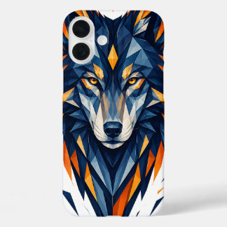 Geometrischer Wolf Schwarz & Orange Polygonal Kuns iPhone 16 Plus Hülle