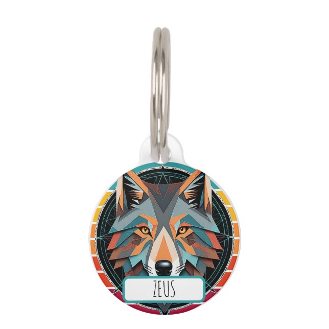 Geometrischer Wolfkopf mit Retrofarben Haustiermarke (Vorderseite)
