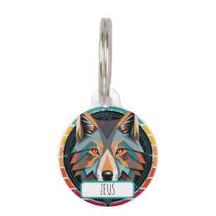 Geometrischer Wolfskopf mit Retro-Farben Haustiermarke