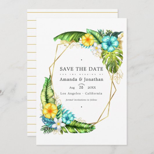 Geometrisches Aloha Tropical Summer Wedding Foto Einladung (Vorne/Hinten)