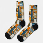 Geometrisches Art-Deco-Patchwork in Blau und Gold Socken (Linkes Detail)