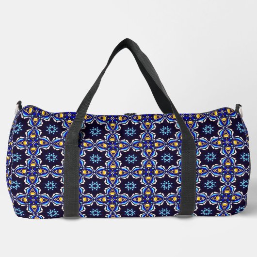 Geometrisches Black Blue Gold Cross Duffle Bag (Vorderseite)