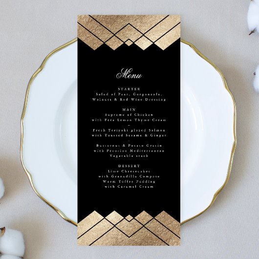 Geometrisches Black Gold Gatsby Wedding Menü Menükarte