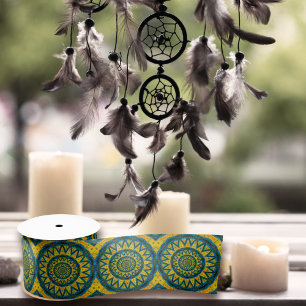 Geometrisches Blau und Gelb Sonnen Vintage Tribal Satinband