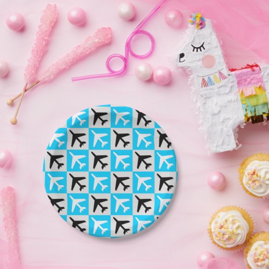 Geometrisches, blaues Flugzeug Pappteller (Party)