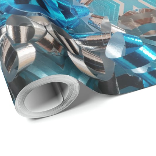 Geometrisches blaues Silver Gray Ribbon-Muster Hin Geschenkpapier (Rolleneckpunkt)