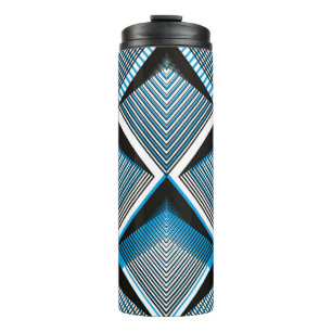Geometrisches blaues Stripüberlagerungsmuster, nah Thermosbecher
