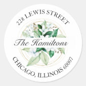 Geometrisches Blumengrün Hochzeitsszene Rücksendea Runder Aufkleber (Vorderseite)