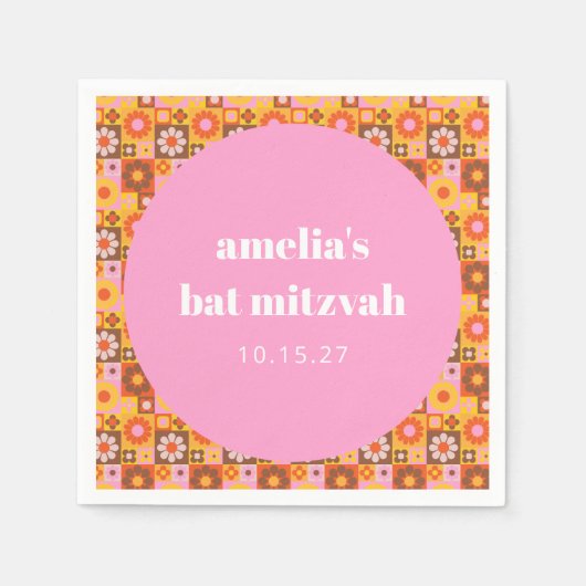 Geometrisches Blumenrosa Orange Bat Mitzvah Custom Serviette (Vorderseite)