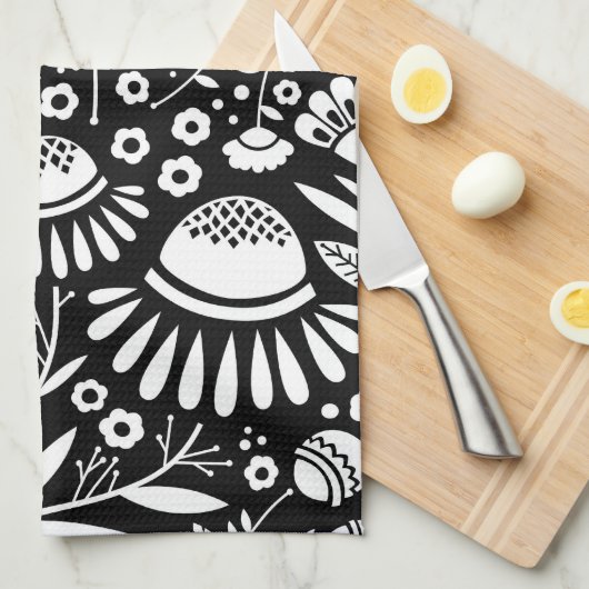 Geometrisches BlumenSchwarzweiss-Geschirrtuch Handtuch (Viertel Falte)