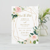 Geometrisches Blush-Gold-Floral Save the Date einl (Stehend Vorderseite)