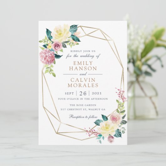 Geometrisches Blütengelb Gelbgrün, Goldrahmen Einladung (Stehend Vorderseite)