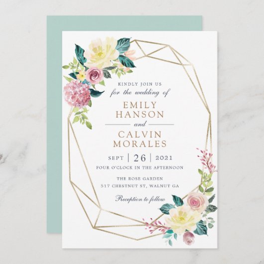 Geometrisches Blütengelb Gelbgrün, Goldrahmen Einladung (Vorne/Hinten)