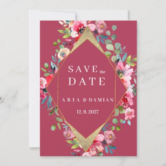 Geometrisches Bordeaux-Minze-Gold Save the Date Einladung (Vorderseite)