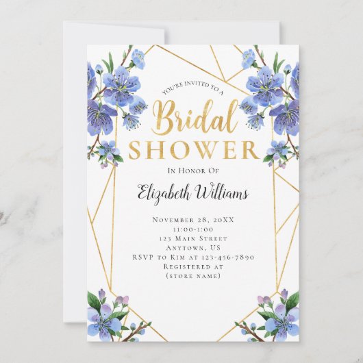 Geometrisches Brautparty für blaue Blumen Einladung (Vorderseite)